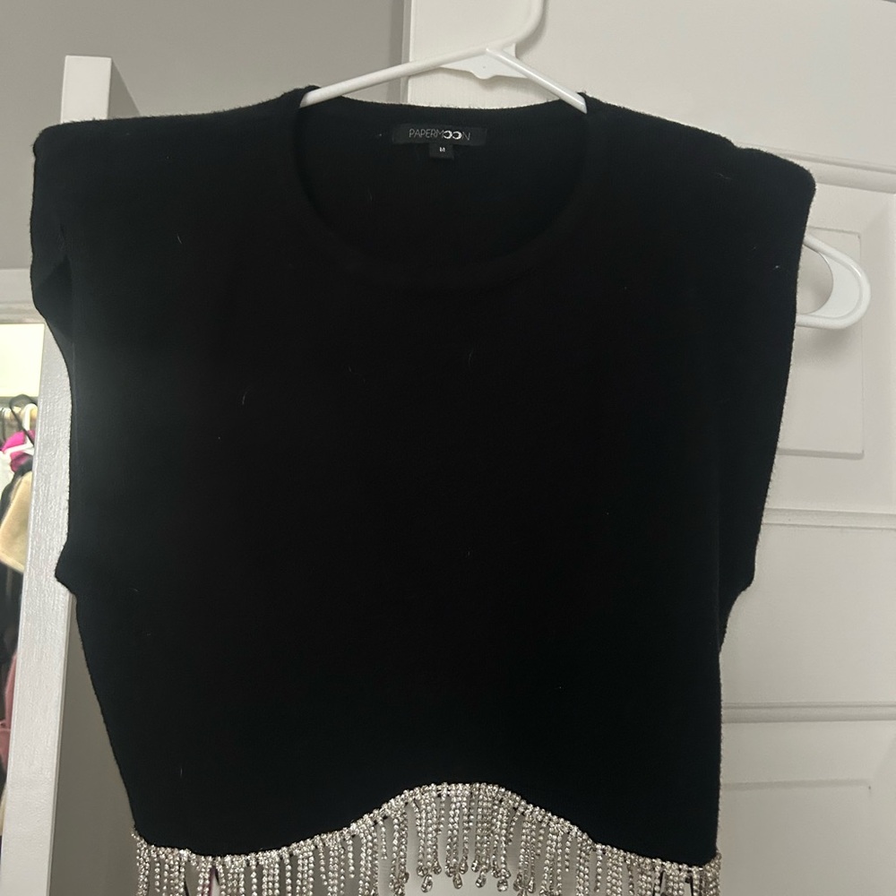 Papermoon Black Crop Top with Silver Fringe